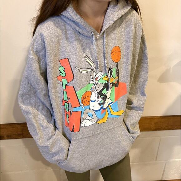 Space Jam Sz L Looney Tune Gray Sweatshirt Bugs Bunny & Donald Duck Vintage - Picture 1 of 5